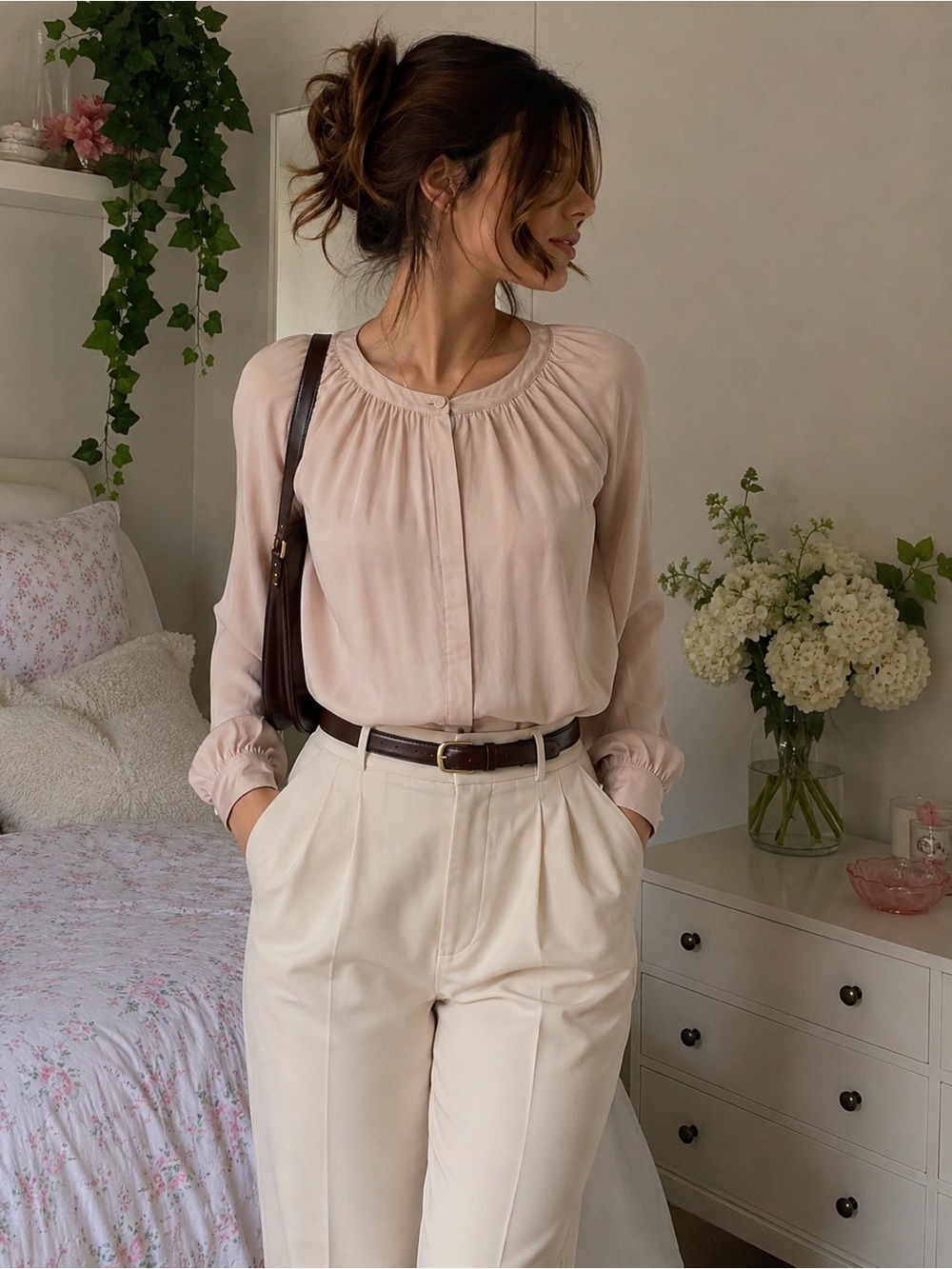 Theory Silk Romantic Blouse Quartz Pink Long Sleeve Gathered Neck Top S